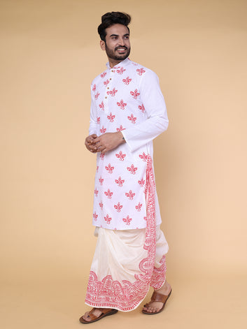Men’s White Printed Kurta with Red Heritage Motif Dhoti