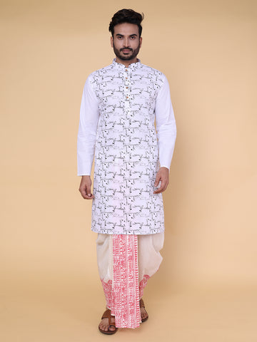 Men’s White Floral Printed Kurta with Red Heritage Border Dhoti