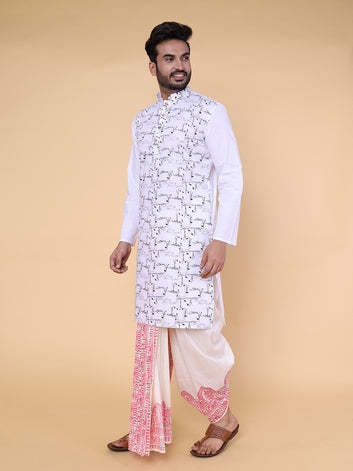 Men’s White Floral Printed Kurta with Red Heritage Border Dhoti