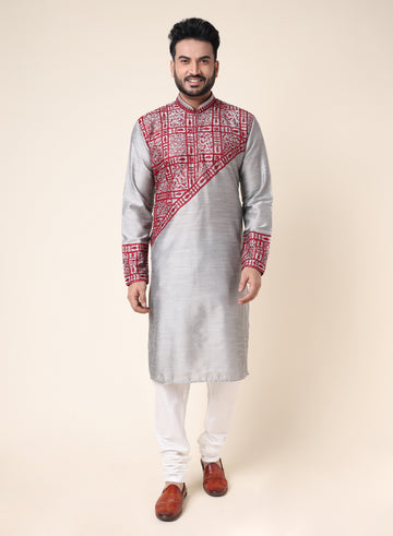 Men’s Grey Silk Blend Designer Kurta with Red Embroidery