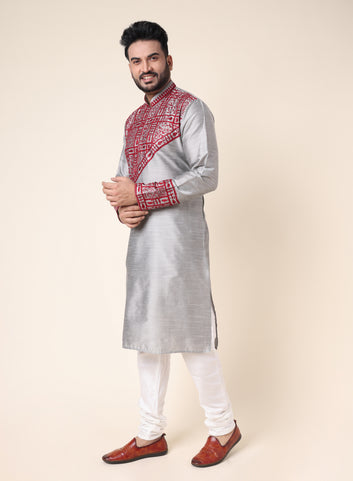 Men’s Grey Silk Blend Designer Kurta with Red Embroidery