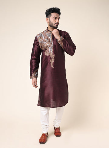 Men’s Maroon Silk Blend Designer Kurta with Gold Embroidery