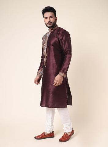 Men’s Maroon Silk Blend Designer Kurta with Gold Embroidery