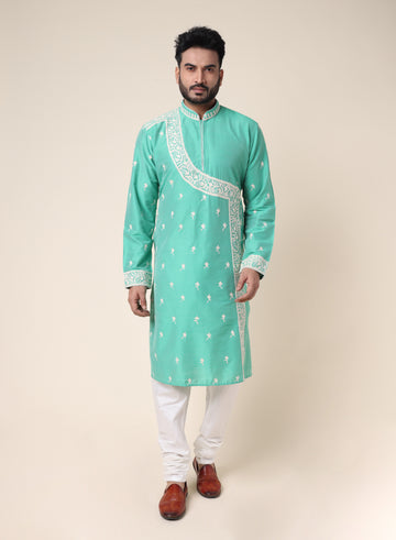 Men’s Silk Mint Green Designer Kurta with White Embroidery