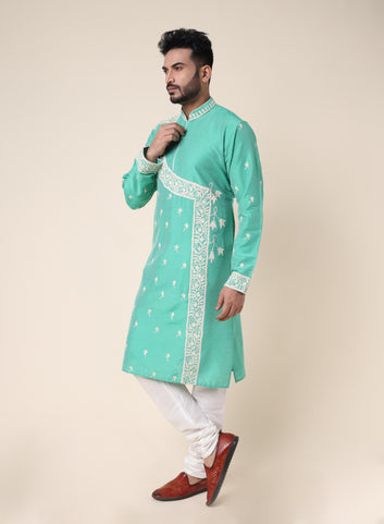 Men’s Silk Mint Green Designer Kurta with White Embroidery