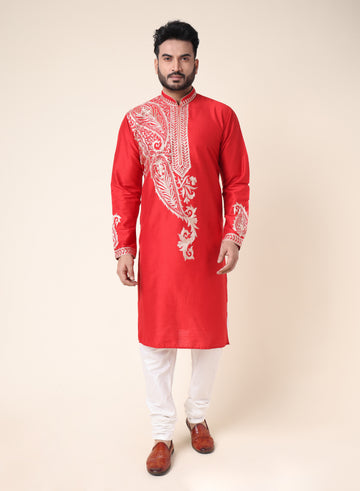 Men’s Red Designer Kurta with Embroidery