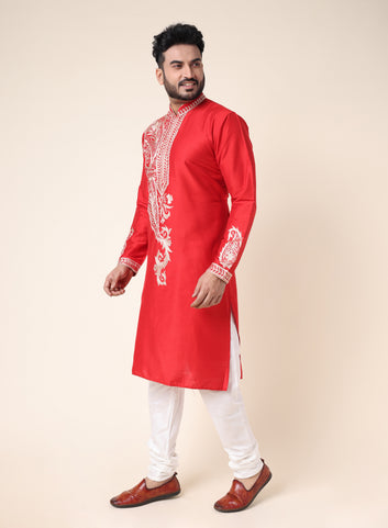 Men’s Red Designer Kurta with Embroidery