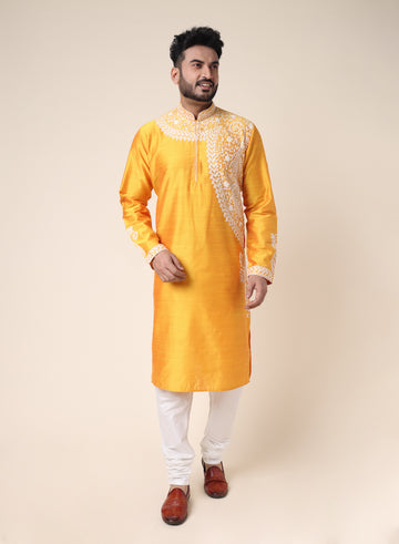 Men’s Yellow Designer Kurta with White Embroidery
