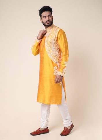 Men’s Yellow Designer Kurta with White Embroidery