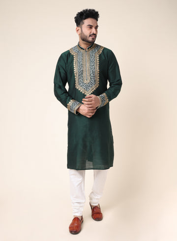 Men’s Emerald Designer Kurta with Embroidery