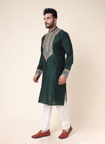 Men’s Emerald Designer Kurta with Embroidery