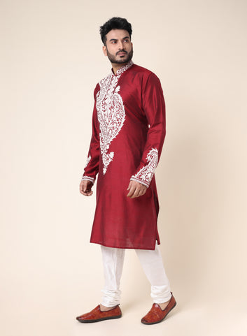 Men’s Maroon Embroidered Designer Kurta