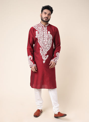 Men’s Maroon Embroidered Designer Kurta
