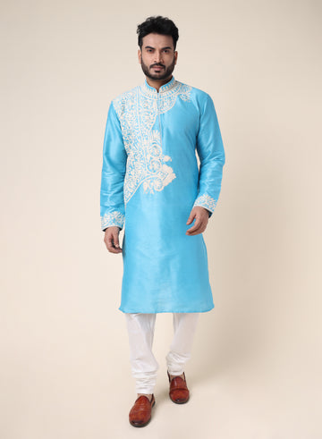 Men’s Sky Blue Embroidered Designer Kurta