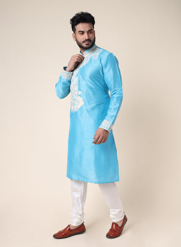 Men’s Sky Blue Embroidered Designer Kurta
