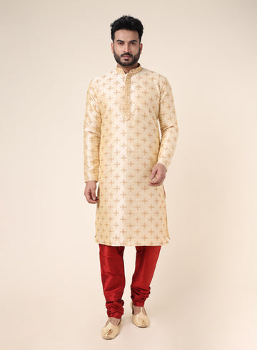 Men’s Silk Festive Kurta Set with Red Churidar