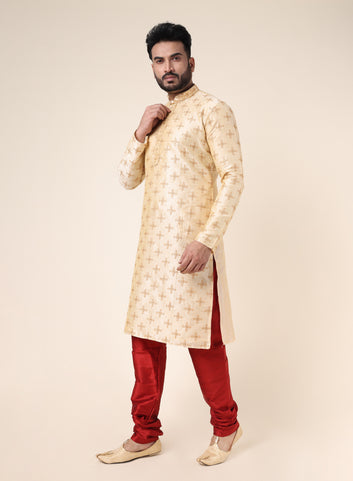 Men’s Silk Festive Kurta Set with Red Churidar