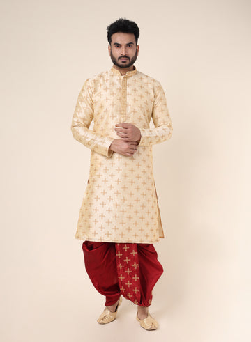 Men’s Beige Silk Embroidered Kurta with Red Dhoti