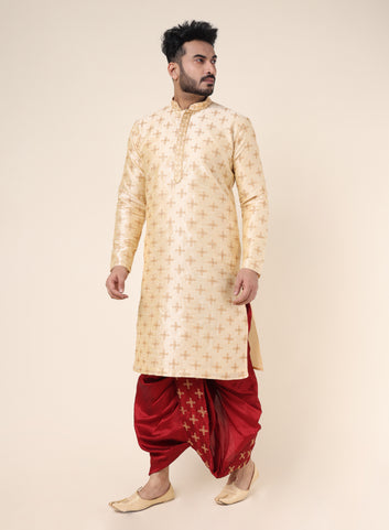 Men’s Beige Silk Embroidered Kurta with Red Dhoti