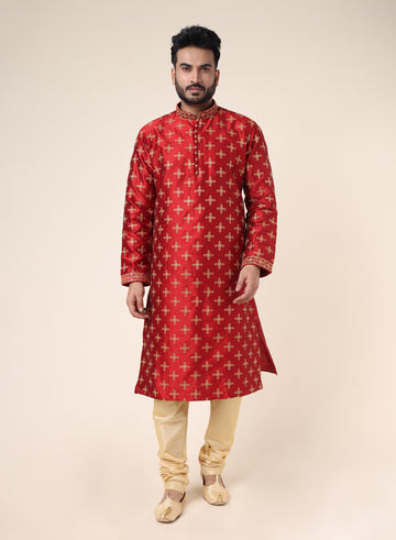 Men’s Red Silk Embroidered Kurta with Gold Churidar