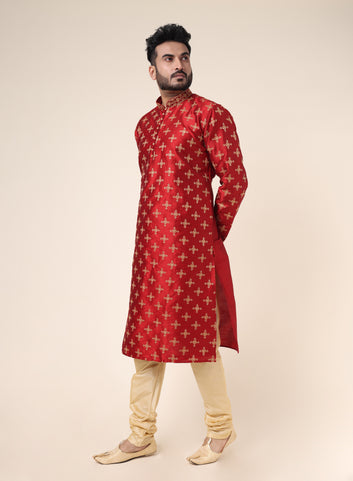 Men’s Red Silk Embroidered Kurta with Gold Churidar