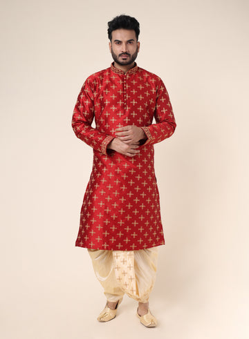Men’s Red Silk Embroidered Kurta with Cream Dhoti