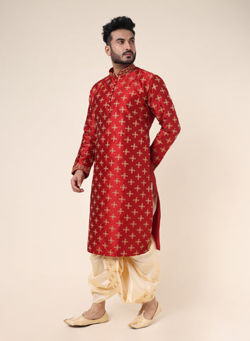 Men’s Red Silk Embroidered Kurta with Cream Dhoti