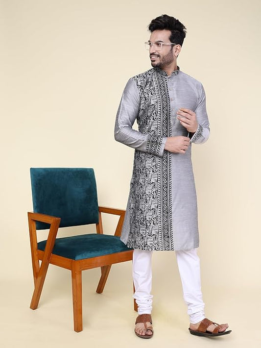 Heritage Hand Block Cotton Kurta in Grey