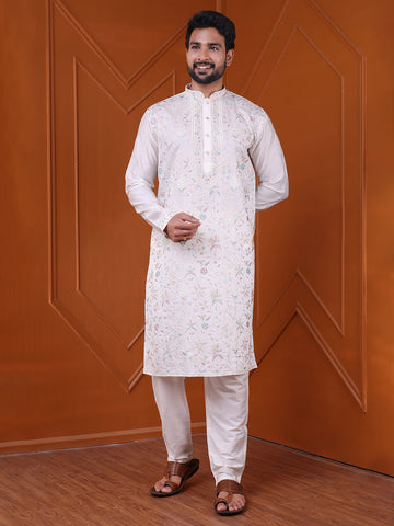 Men's Cream Silk Blend Designer Kurta