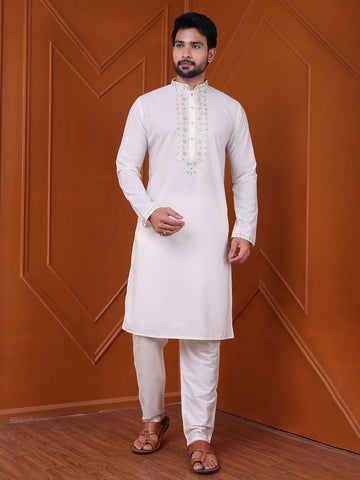 Men's Cream Silk Blend Embroidered Kurta