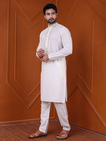 Men's Cream Silk Blend Embroidered Kurta