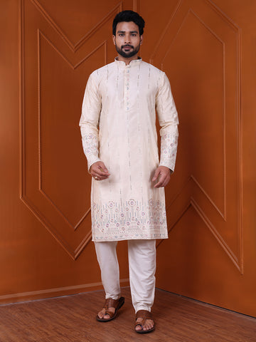 Men's Cream Silk Blend Designer Kurta