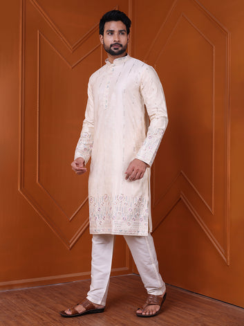 Men's Cream Silk Blend Designer Kurta