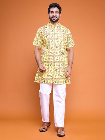 Men's Yellow Cotton Printed Short Kurta