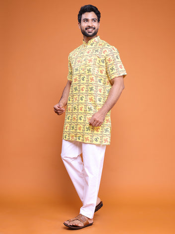 Men's Yellow Cotton Printed Short Kurta