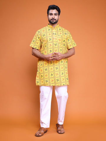 Men's Mustard Cotton Printed Short Kurta