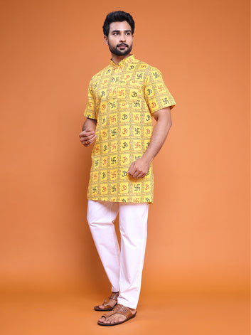 Men's Mustard Cotton Printed Short Kurta