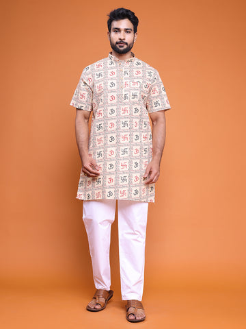 Men's Beige Cotton Printed Short Kurta