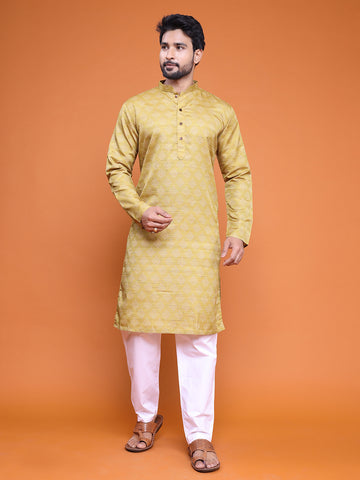 Men's Mustard Cotton Blend Printed Kurta
