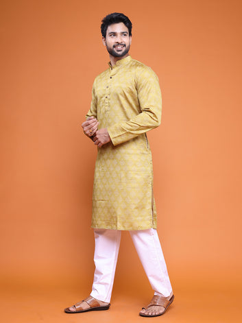 Men's Mustard Cotton Blend Printed Kurta