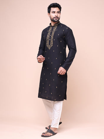 Men's Black Silk Blend Embroidered Kurta