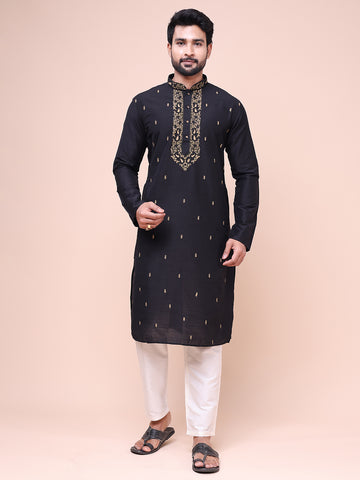 Men's Black Silk Blend Embroidered Kurta