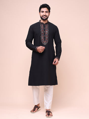 Men's Black Silk Blend Embroidered Kurta