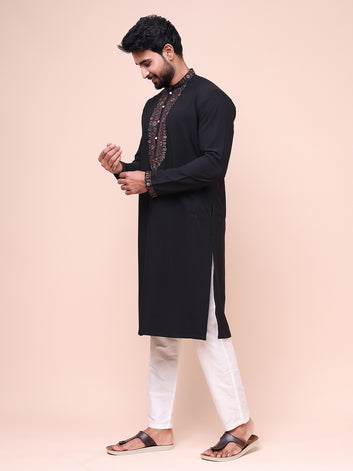 Men's Black Silk Blend Embroidered Kurta
