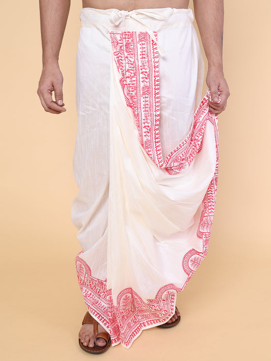 Men’s White Ready-to-Wear Silk Dhoti with Red Detailing