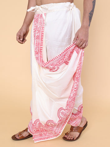 Men’s White Ready-to-Wear Silk Dhoti with Red Detailing