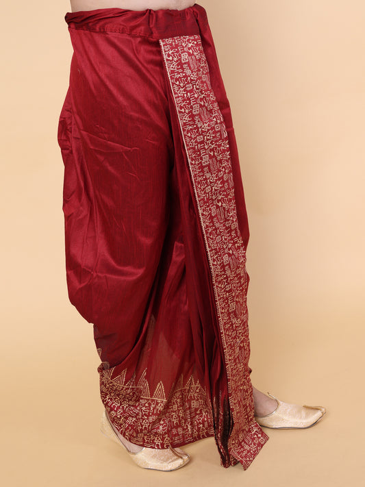 Men’s Maroon Ready-to-Wear Silk Dhoti with Golden Zari Detailing
