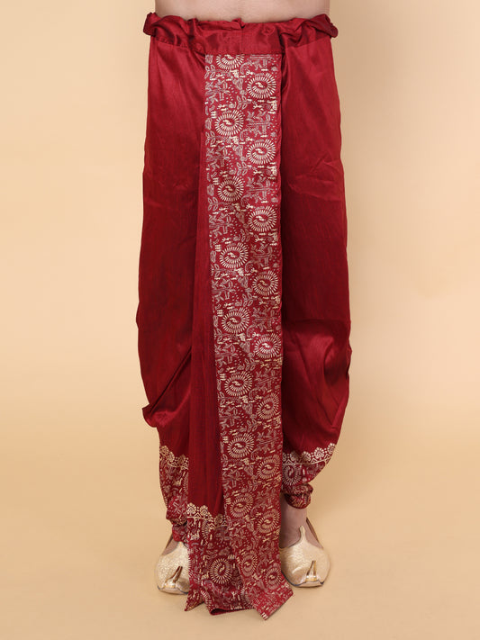 Men’s Maroon Ready-to-Wear Silk Dhoti with Golden Detailing
