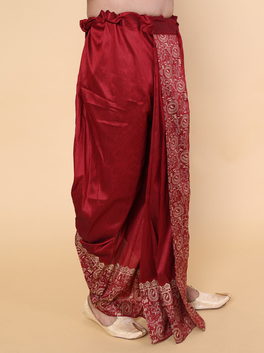 Men’s Maroon Ready-to-Wear Silk Dhoti with Golden Detailing