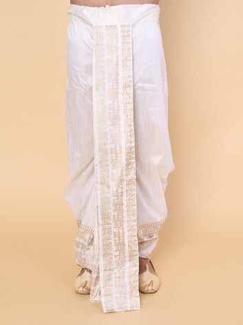 Men’s White Ready-to-Wear Silk Dhoti with Golden Detailing